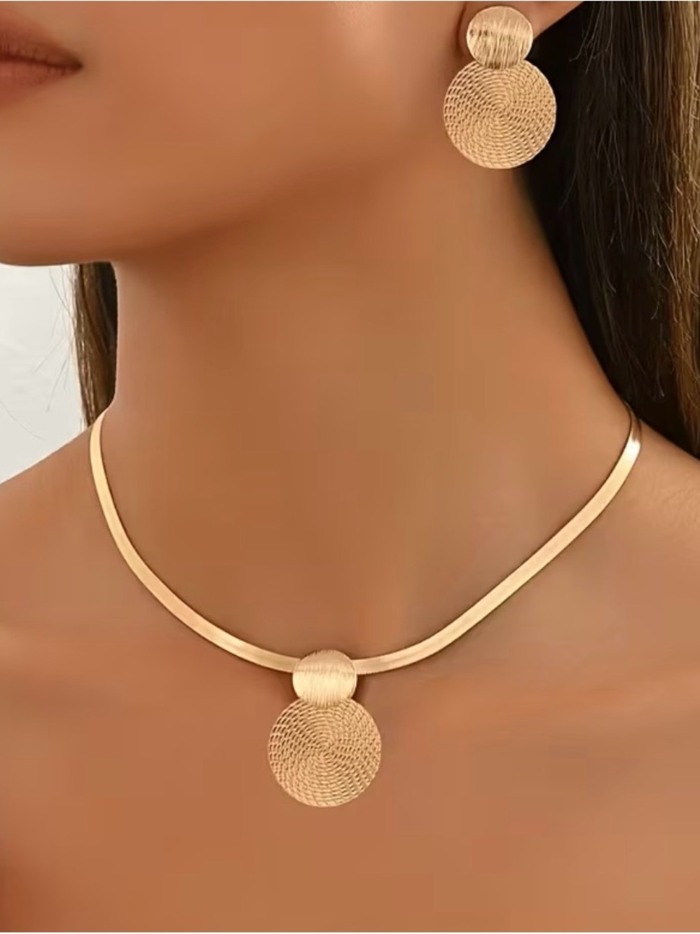 Gold Disc Pendant Necklace and Earrings Set - Women Jewelry